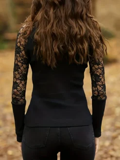 T-Shirts Noir En Dentelle À Manches Longues Col Montant Polyester Femmes Top