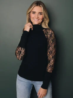 T-Shirts Noir En Dentelle À Manches Longues Col Montant Polyester Femmes Top
