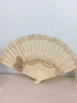 Éventail Rococo Style Lolita Accessoires Champagne Dentelle Fleurs Perles Vintage