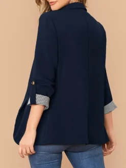 Veste blazer femme à revers ouverte sur le devant manches retroussables poignets rayés style décontracté avec poches