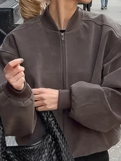 Veste bomber courte oversize à col montant et fermeture éclair en faux daim pour femme