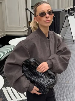 Veste bomber courte oversize à col montant et fermeture éclair en faux daim pour femme