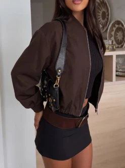 Veste bomber courte zippée pour femme col montant manches longues coupe ample style décontracté vêtements d'extérieur courts
