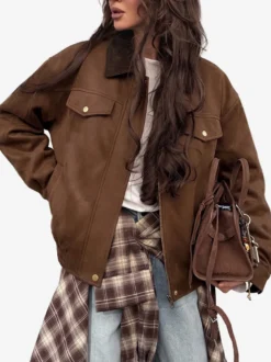 Veste cargo courte vintage à col contrastant épaules tombantes et ourlet élastique