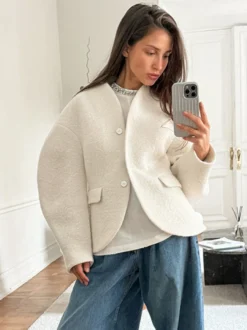 Veste courte blanche en bouclette pour femme - Élégante veste d'extérieur à col V manches bouffantes et coupe ajustée - Chic français pour le printemps 2026