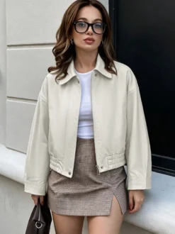 Veste courte à col revers pour femme coupe ample épaules tombantes ourlet élastique fermeture éclair