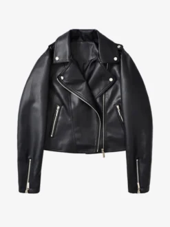 Veste courte de motard en similicuir noir pour femme fermeture éclair et revers