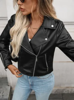 Veste courte de motard en similicuir noir pour femme fermeture éclair et revers