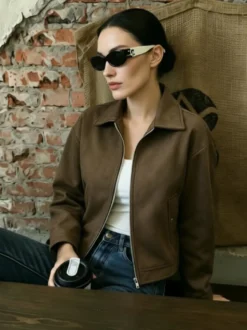 Veste courte en daim à col zippé pour femme style vintage coupe ample manteau d'extérieur court