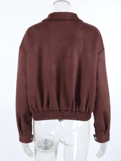 Veste courte en daim à épaules tombantes pour femme - Col montant fermeture éclair coupe ajustée - Tenues décontractées minimalistes pour le printemps 2026