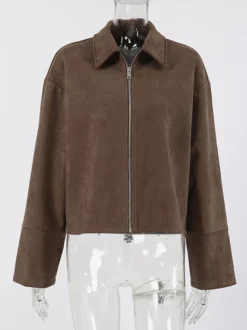 Veste courte femme en daim moka - Fermeture éclair minimaliste col polo coupe carrée - Idéale pour un look streetwear printanier décontracté (collection printemps 2026)