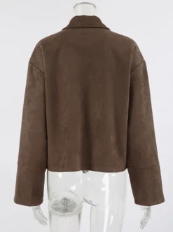 Veste courte femme en daim moka - Fermeture éclair minimaliste col polo coupe carrée - Idéale pour un look streetwear printanier décontracté (collection printemps 2026)