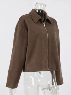Veste courte femme en daim moka - Fermeture éclair minimaliste col polo coupe carrée - Idéale pour un look streetwear printanier décontracté (collection printemps 2026)