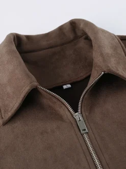 Veste courte femme en daim moka - Fermeture éclair minimaliste col polo coupe carrée - Idéale pour un look streetwear printanier décontracté (collection printemps 2026)