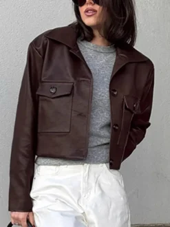 Veste courte femme en similicuir marron - Haut rétro à revers et boutons coupe carrée - Tenues décontractées printemps 2026