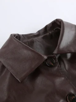 Veste courte femme en similicuir marron - Haut rétro à revers et boutons coupe carrée - Tenues décontractées printemps 2026