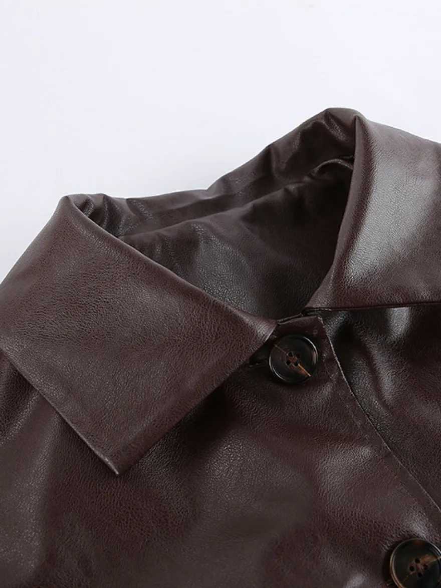 Veste courte femme en similicuir marron - Haut rétro à revers et boutons coupe carrée - Tenues décontractées printemps 2026