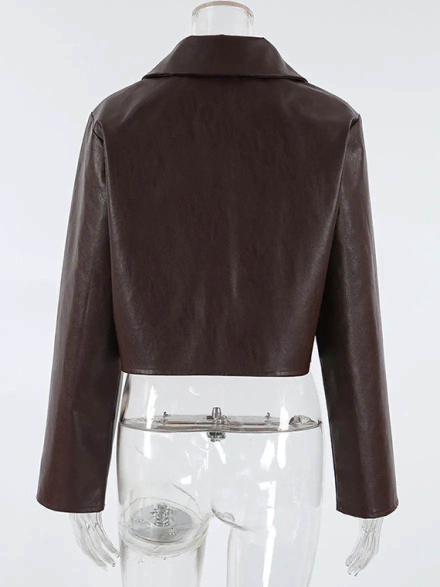 Veste courte femme en similicuir marron - Haut rétro à revers et boutons coupe carrée - Tenues décontractées printemps 2026