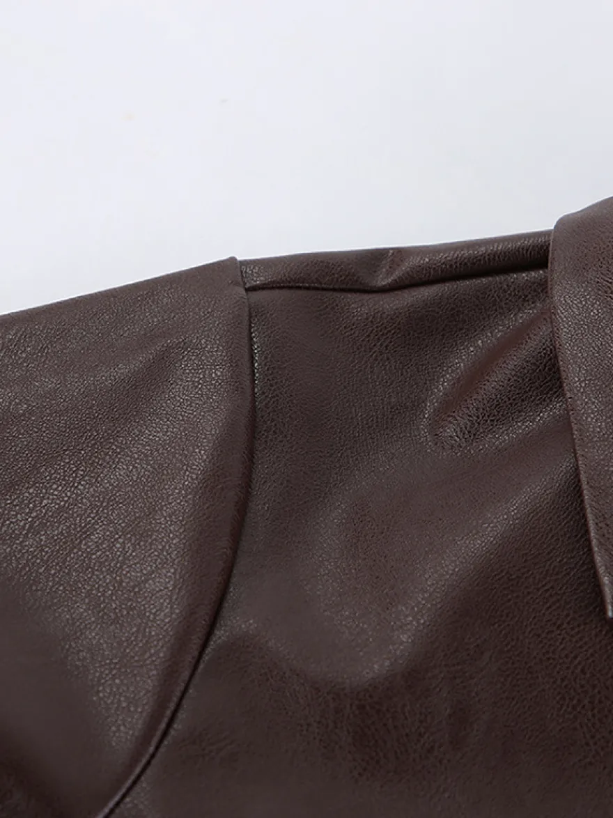 Veste courte femme en similicuir marron - Haut rétro à revers et boutons coupe carrée - Tenues décontractées printemps 2026