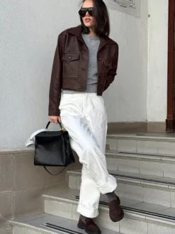 Veste courte femme en similicuir marron - Haut rétro à revers et boutons coupe carrée - Tenues décontractées printemps 2026