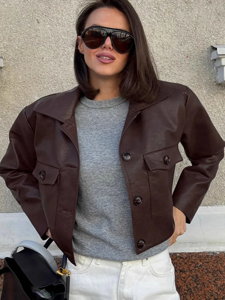 Veste courte femme en similicuir marron - Haut rétro à revers et boutons coupe carrée - Tenues décontractées printemps 2026