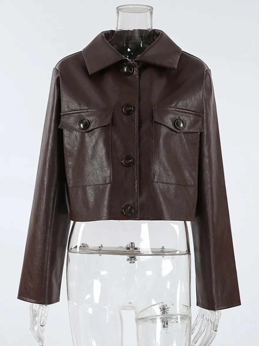 Veste courte femme en similicuir marron - Haut rétro à revers et boutons coupe carrée - Tenues décontractées printemps 2026