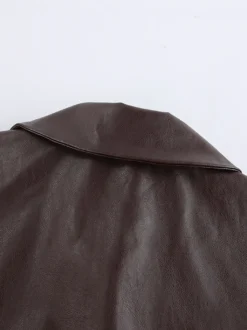 Veste courte femme en similicuir marron - Haut rétro à revers et boutons coupe carrée - Tenues décontractées printemps 2026