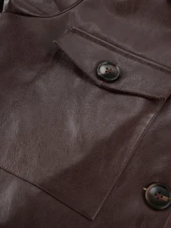 Veste courte femme en similicuir marron - Haut rétro à revers et boutons coupe carrée - Tenues décontractées printemps 2026