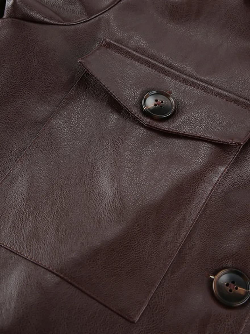 Veste courte femme en similicuir marron - Haut rétro à revers et boutons coupe carrée - Tenues décontractées printemps 2026