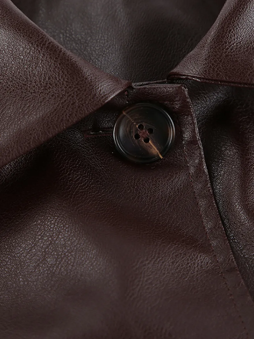 Veste courte femme en similicuir marron - Haut rétro à revers et boutons coupe carrée - Tenues décontractées printemps 2026