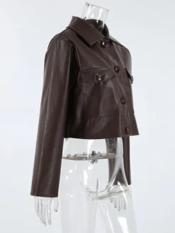 Veste courte femme en similicuir marron - Haut rétro à revers et boutons coupe carrée - Tenues décontractées printemps 2026