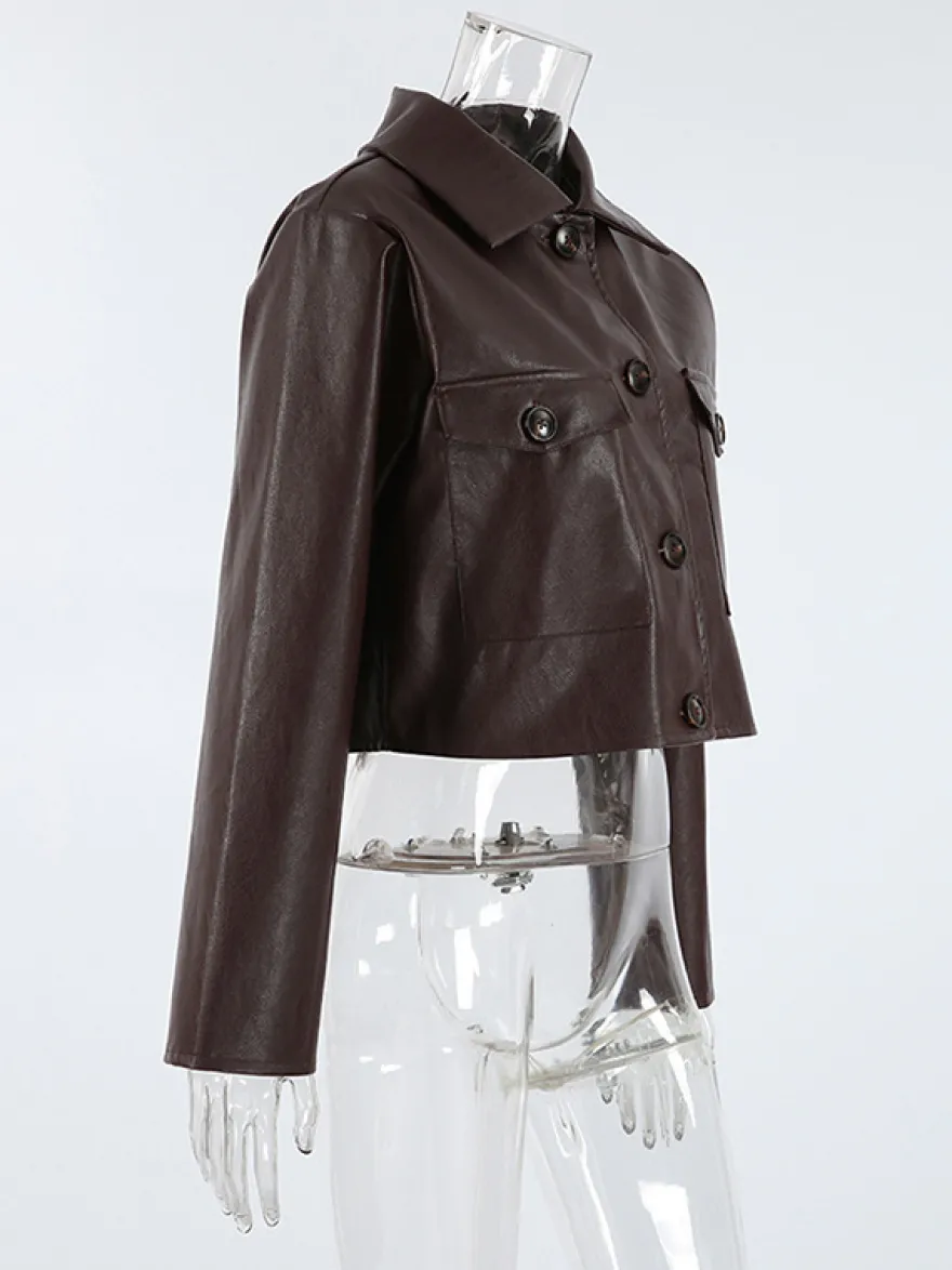 Veste courte femme en similicuir marron - Haut rétro à revers et boutons coupe carrée - Tenues décontractées printemps 2026