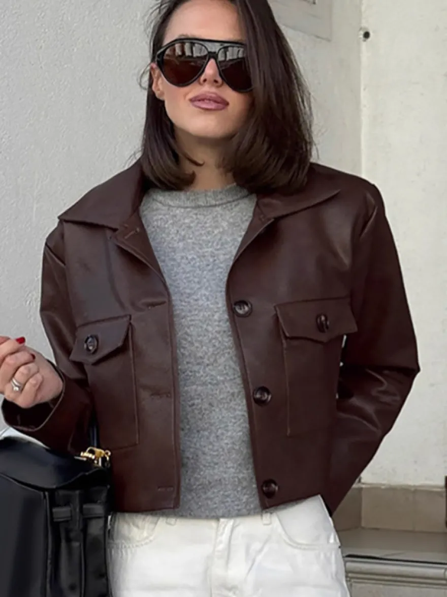 Veste courte femme en similicuir marron - Haut rétro à revers et boutons coupe carrée - Tenues décontractées printemps 2026