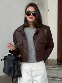 Veste courte femme en similicuir marron - Haut rétro à revers et boutons coupe carrée - Tenues décontractées printemps 2026
