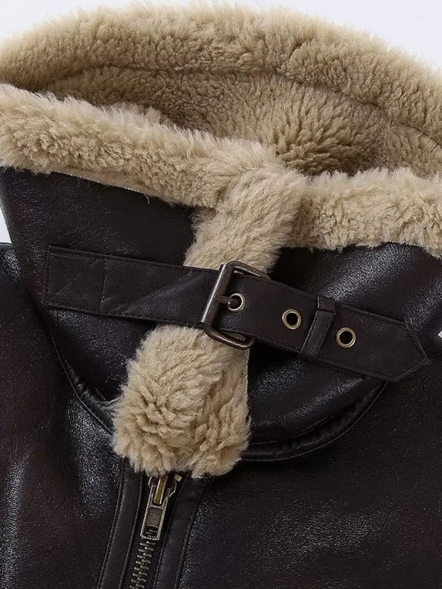 Veste de motard courte doublée en fausse fourrure marron col large et duveteux poignets zippés
