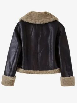 Veste de motard courte doublée en fausse fourrure marron col large et duveteux poignets zippés