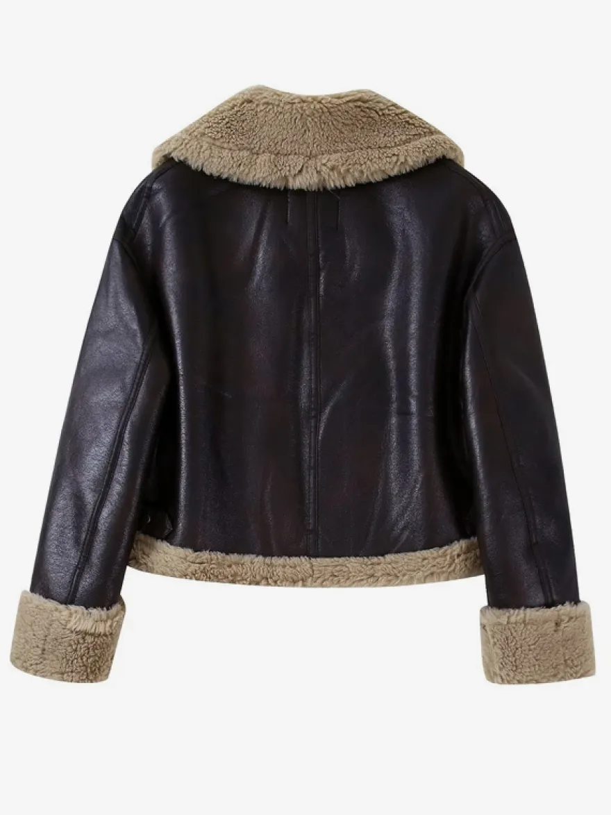 Veste de motard courte doublée en fausse fourrure marron col large et duveteux poignets zippés