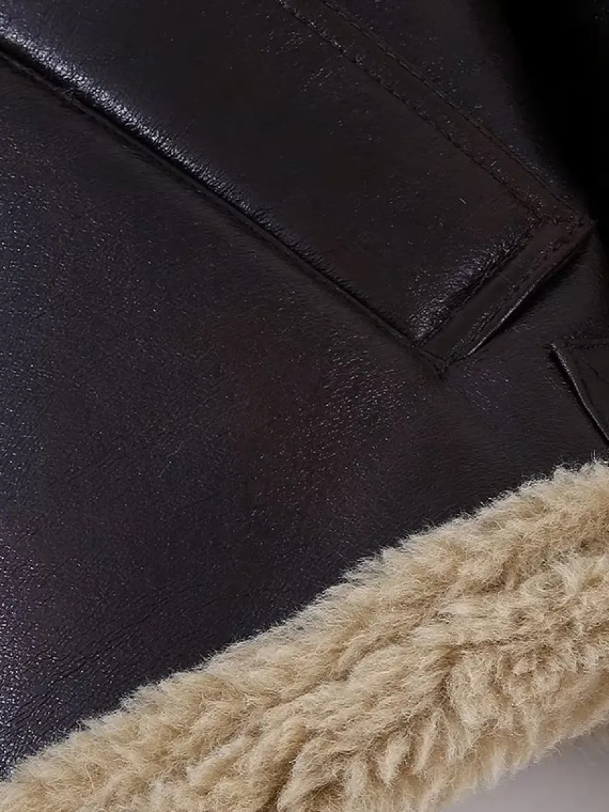 Veste de motard courte doublée en fausse fourrure marron col large et duveteux poignets zippés