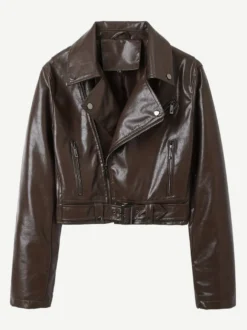 Veste de motard courte en cuir marron fermeture éclair à revers et ceinture coupe ajustée.