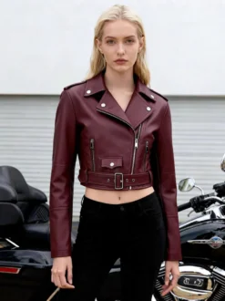 Veste de motard courte multicolore revers fermeture éclair diagonale ceinture vêtement d'extérieur en similicuir