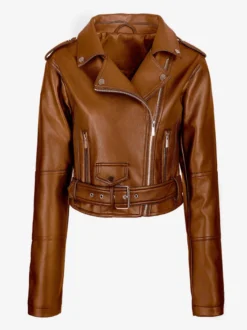 Veste de motard courte multicolore revers fermeture éclair diagonale ceinture vêtement d'extérieur en similicuir