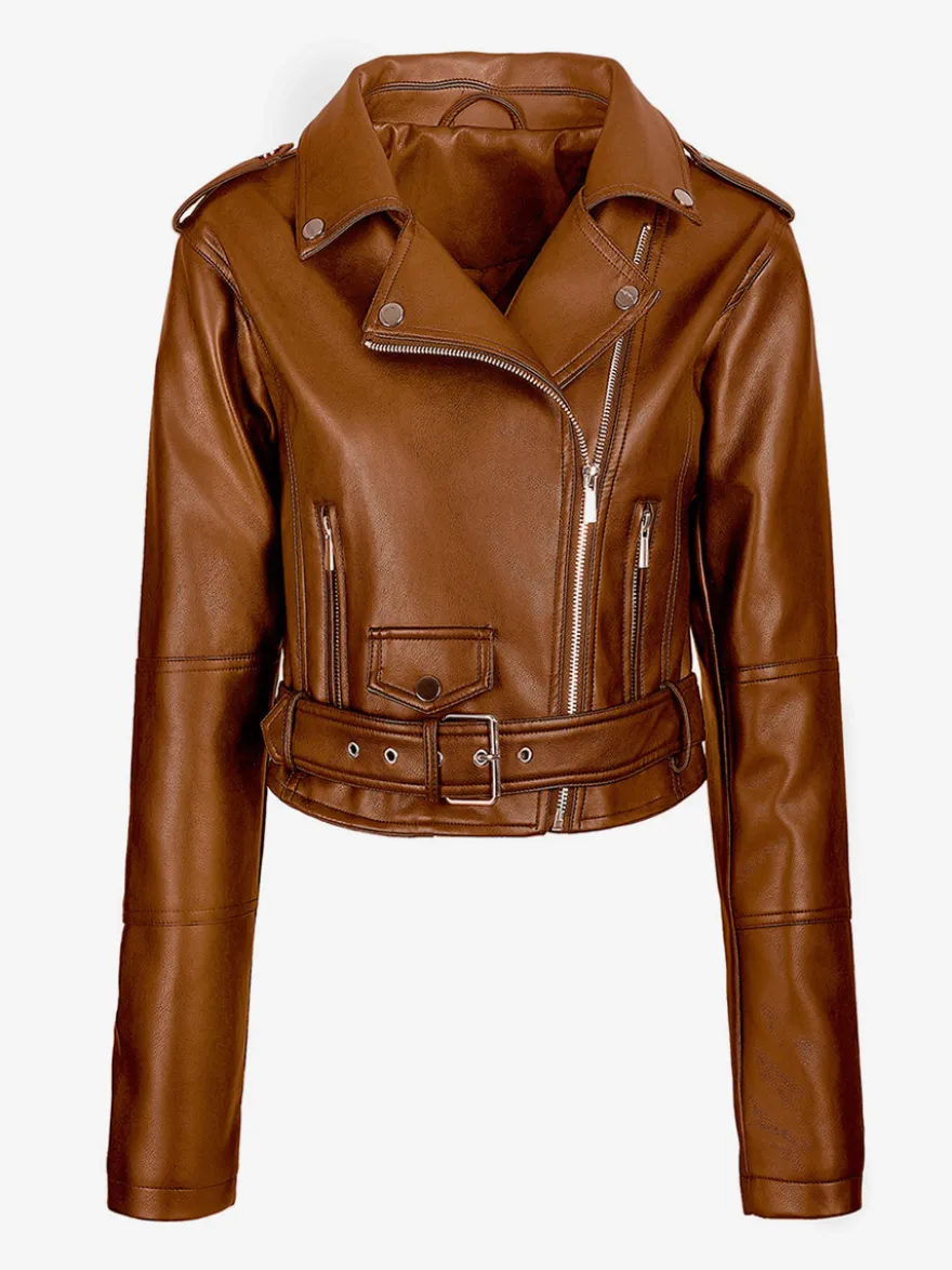 Veste de motard courte multicolore revers fermeture éclair diagonale ceinture vêtement d'extérieur en similicuir