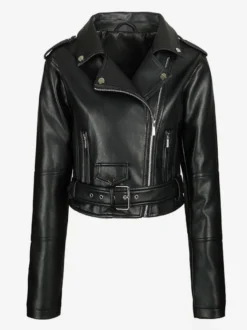 Veste de motard courte multicolore revers fermeture éclair diagonale ceinture vêtement d'extérieur en similicuir