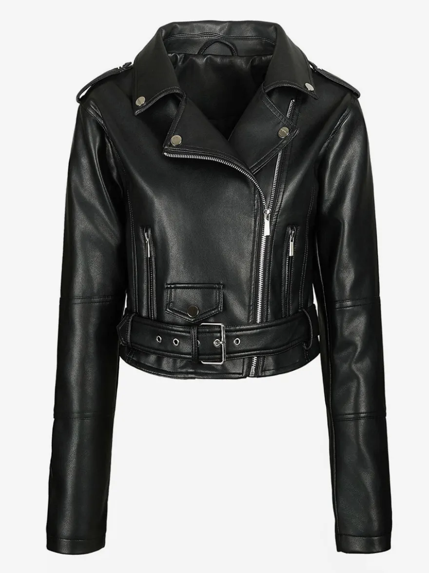 Veste de motard courte multicolore revers fermeture éclair diagonale ceinture vêtement d'extérieur en similicuir