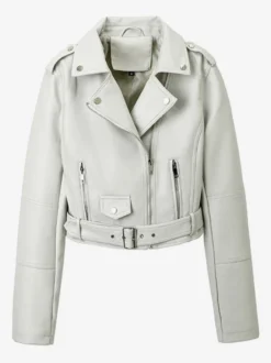 Veste de motard courte multicolore revers fermeture éclair diagonale ceinture vêtement d'extérieur en similicuir