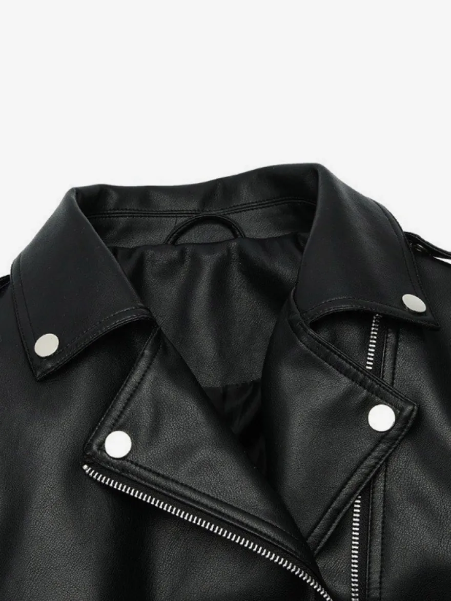 Veste de motard courte multicolore revers fermeture éclair diagonale ceinture vêtement d'extérieur en similicuir