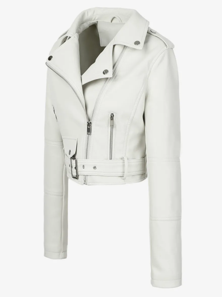Veste de motard courte multicolore revers fermeture éclair diagonale ceinture vêtement d'extérieur en similicuir