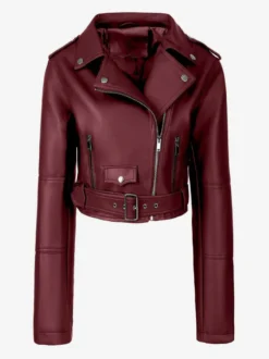 Veste de motard courte multicolore revers fermeture éclair diagonale ceinture vêtement d'extérieur en similicuir