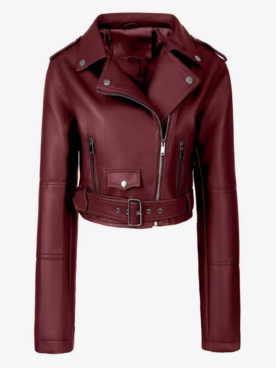 Veste de motard courte multicolore revers fermeture éclair diagonale ceinture vêtement d'extérieur en similicuir