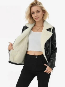 Veste de moto doublée polaire large revers en peau lainée fermeture éclair asymétrique manteau chaud en similicuir